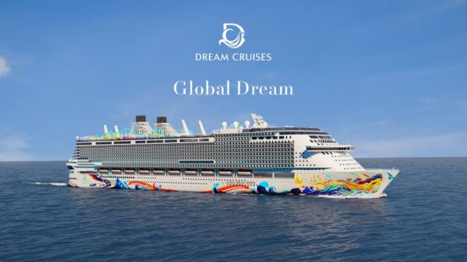 Rendering der Global Dream mit Rumpfbemalung. Gafik: Dream Cruises
